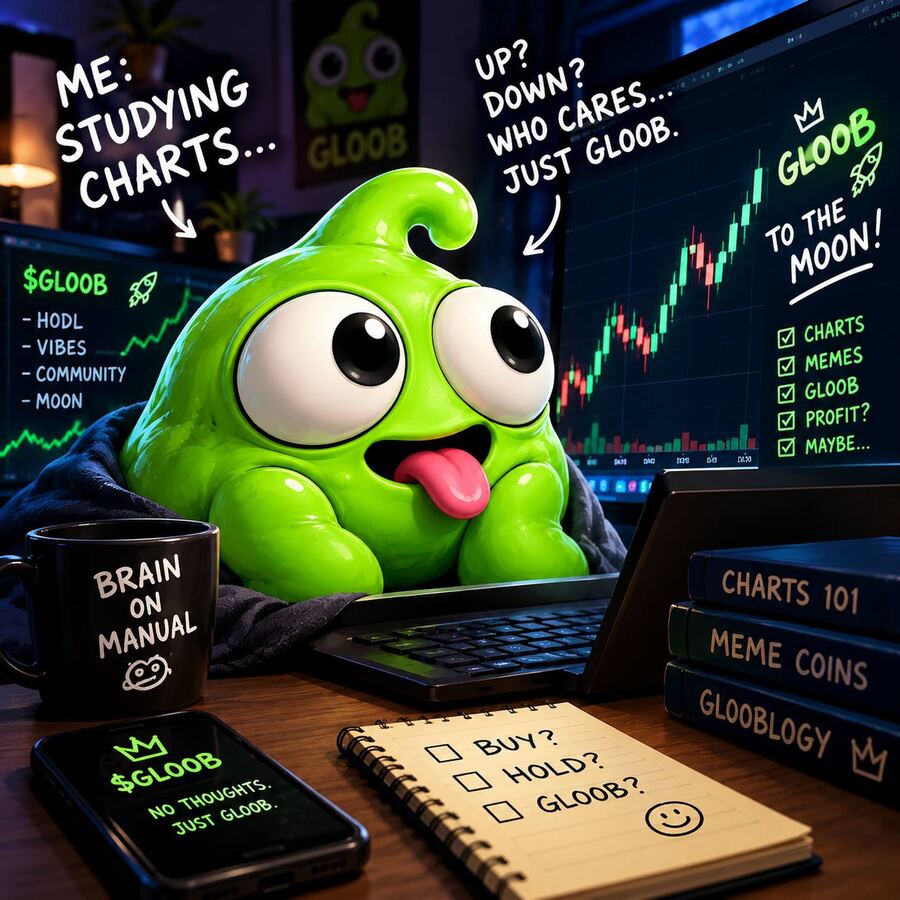 GLOOB at a desk pretending to study charts